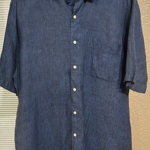 Peter Millar Navy Short-Sleeve Button-Down Linen Shirt
